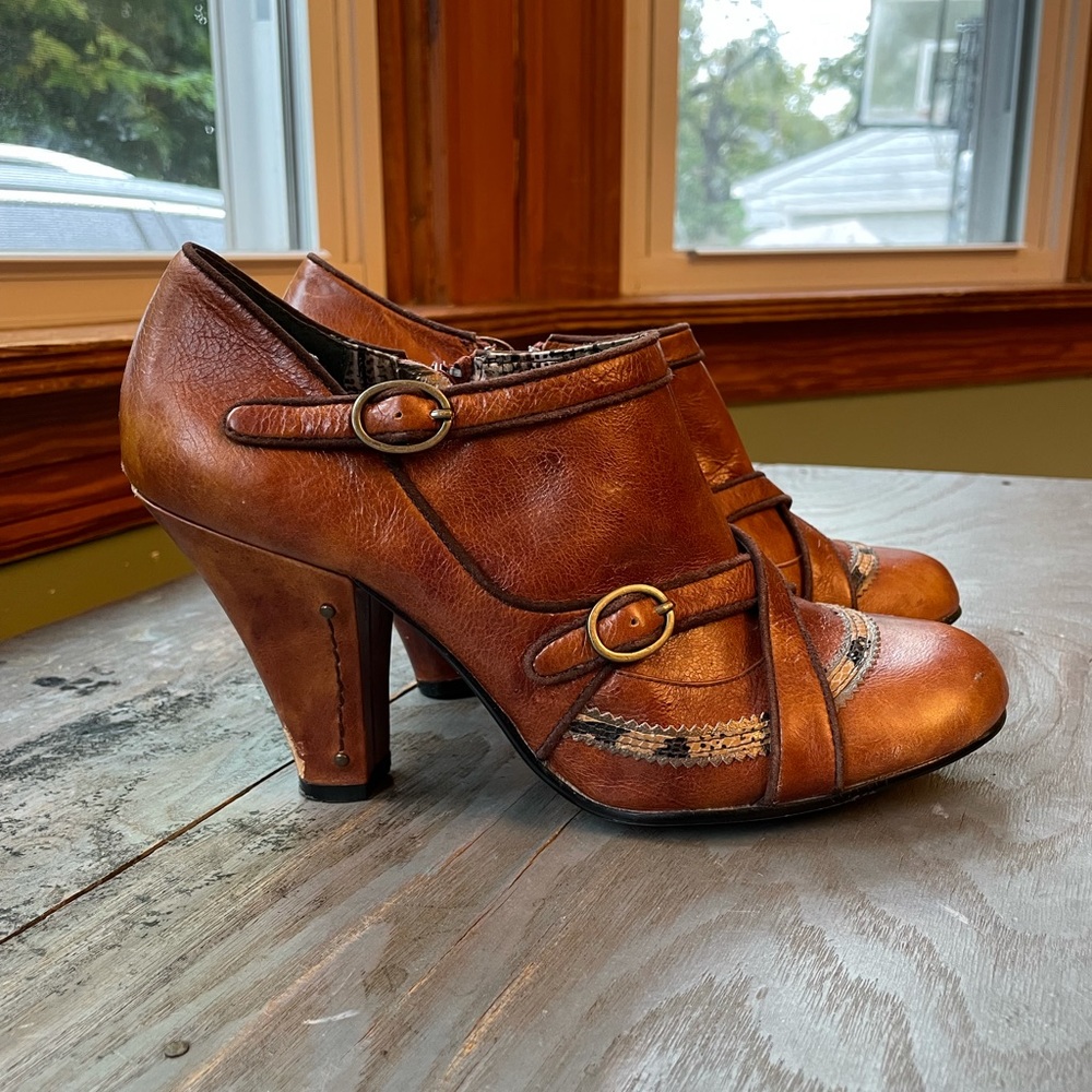 Women's Tan Leather Ankle Booties with Decorative Straps - Picture 2 of 8